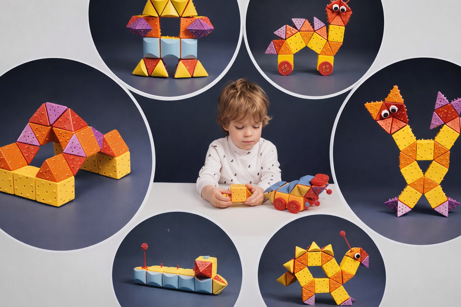 PLATOblocks - colorful geometric construction toys showing robots, animals, and vehicles built by children